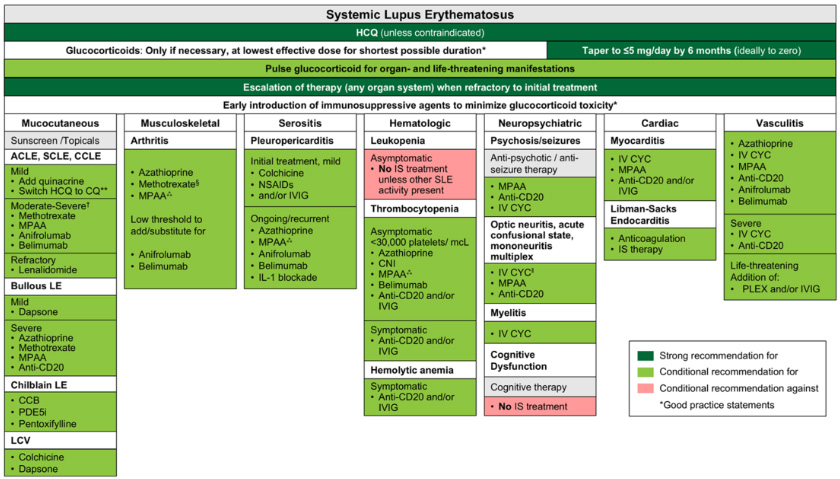SLE(腎症は除く)管理推奨まとめ(Sammaritano LR et al. Arthritis Rheumatol. 2025 Figure 1)